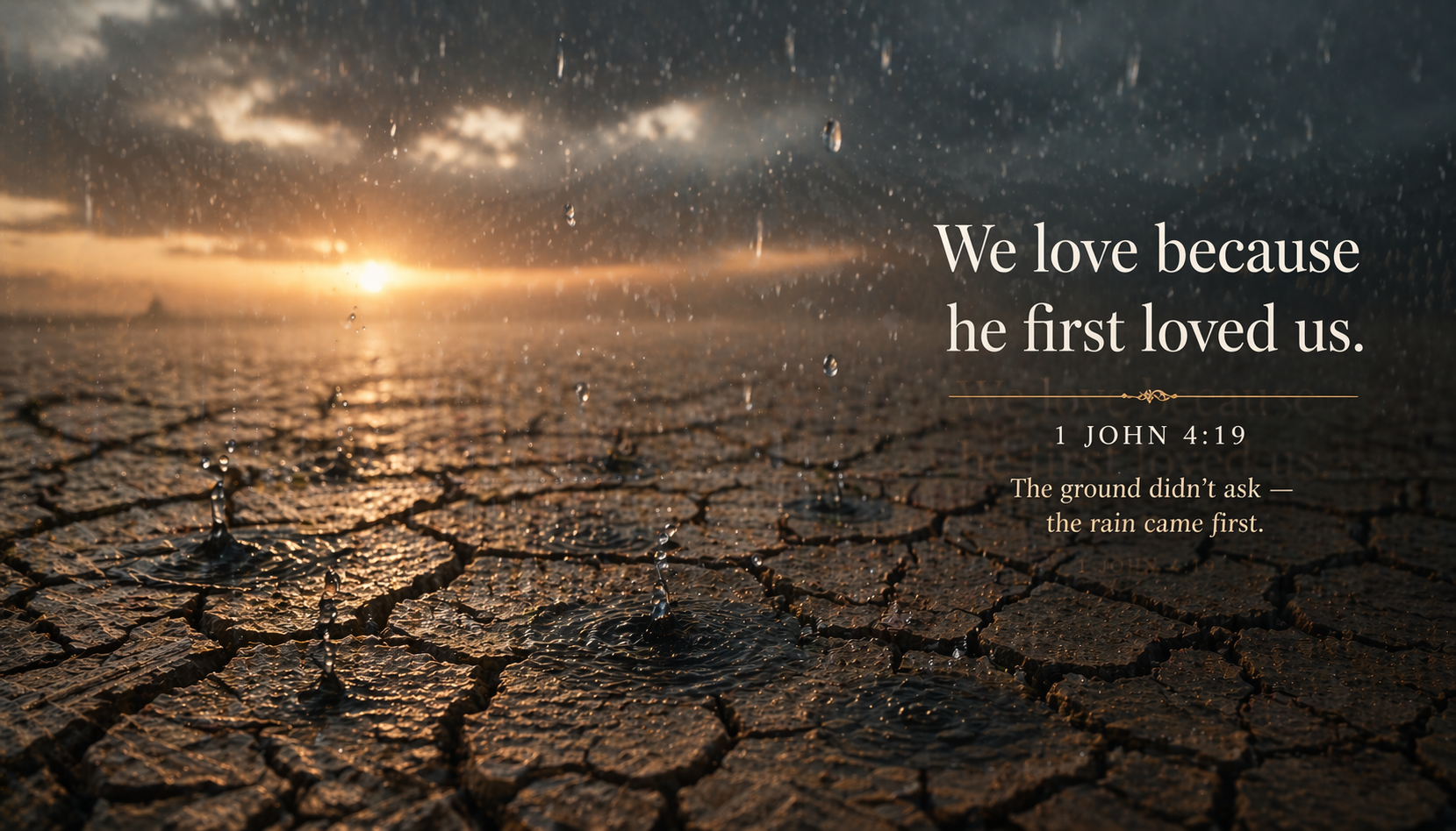 1 John 4:19 Bible verse wallpaper - We love because he first loved us the ground did not ask the rain came first - rain pouring on cracked earth at sunset